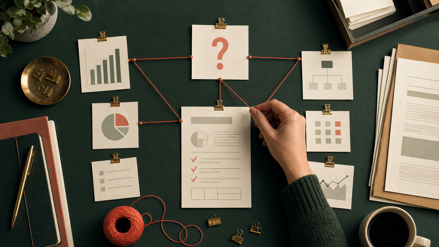A hand connecting a question card to its supporting evidence