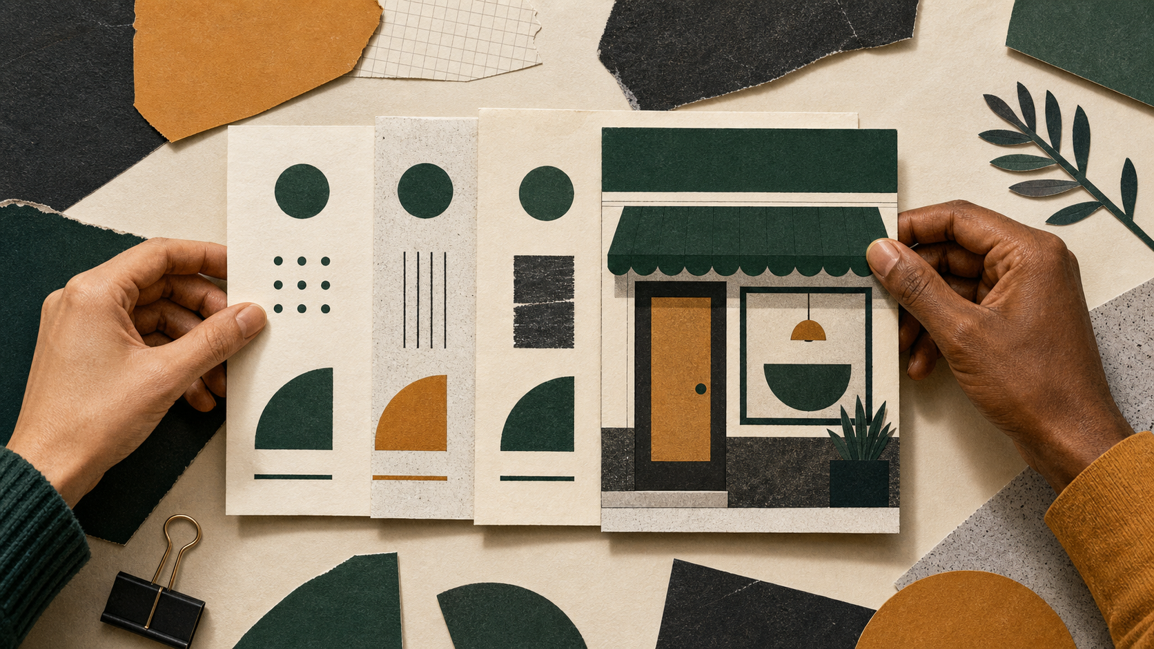 Hands aligning repeated business identity cards into one story