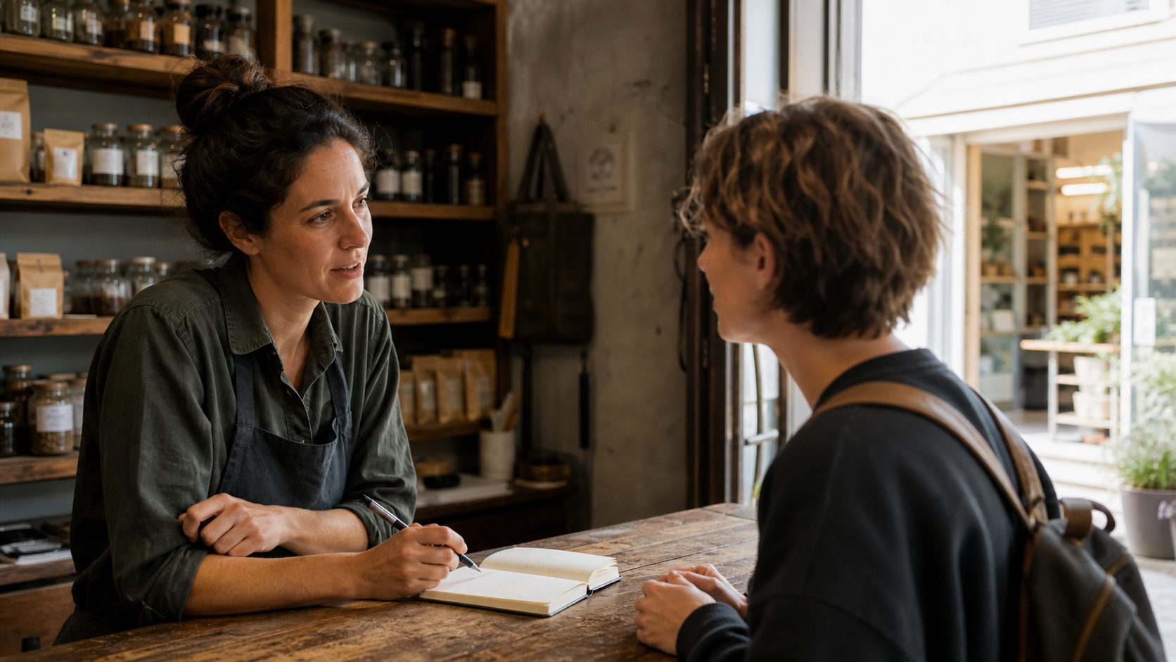 A shop owner listening to a customer at a counter