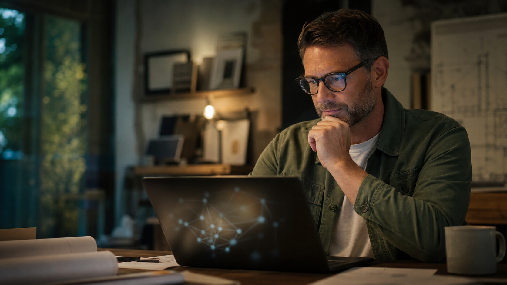 A business owner studying a laptop with an abstract network of facts