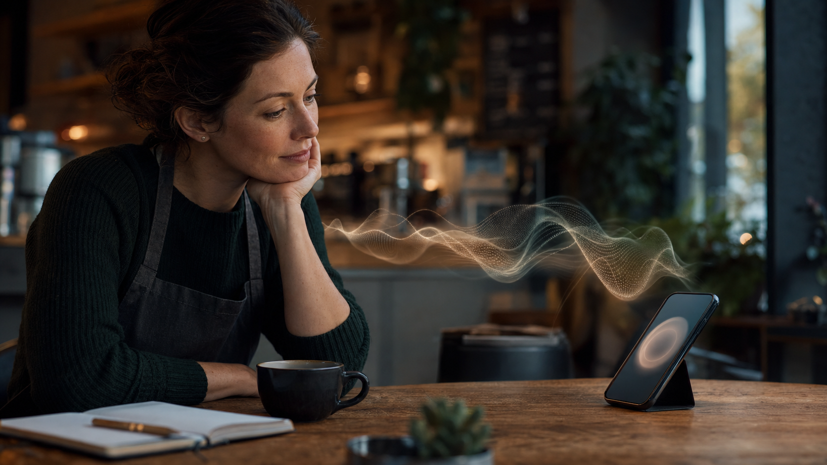 A business owner listening to an AI answer on a phone