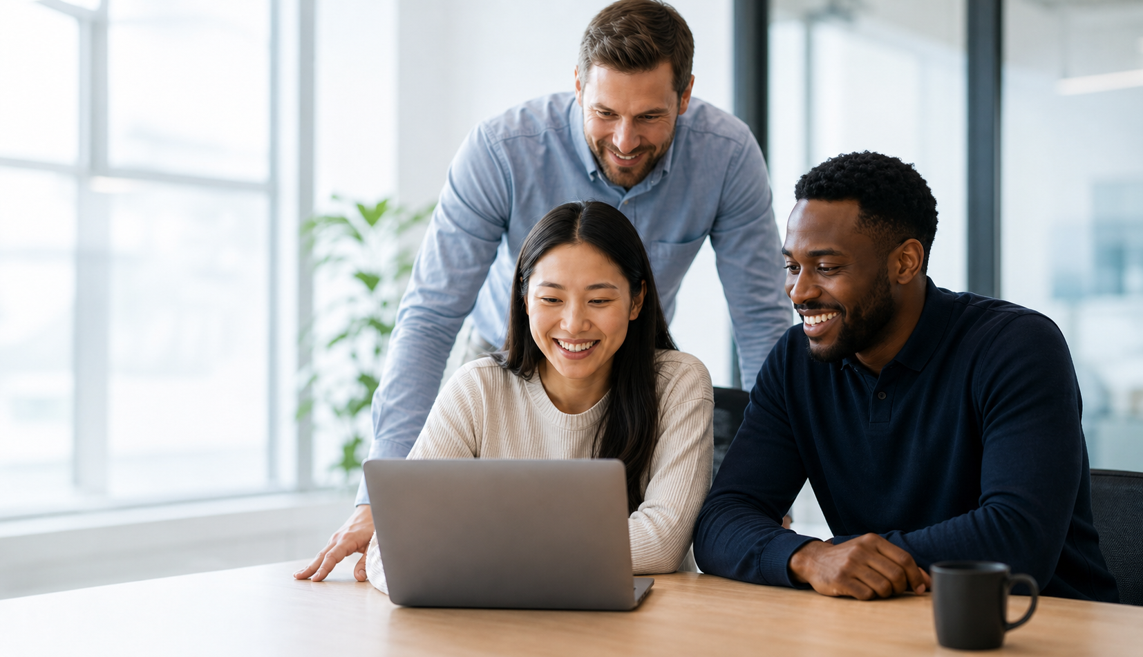 Three colleagues smiling as they review a laptop together in a bright office